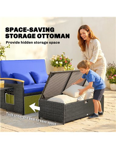 Outsunny Double Garden Rattan Daybed with Storage Ottoman, 4-Level Adjustable Backrest, Brown