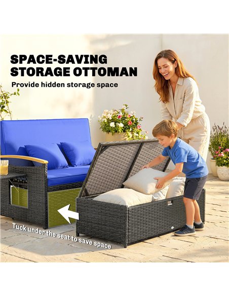 Outsunny Double Garden Rattan Daybed with Storage Ottoman, 4-Level Adjustable Backrest, Brown - pic 199499 | FastDaddyshop