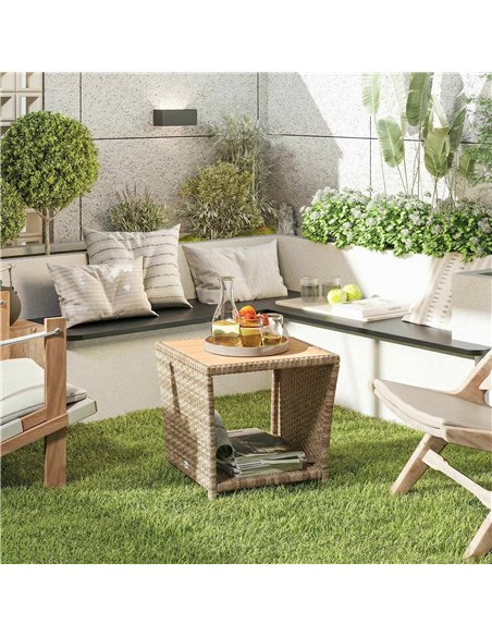 Outsunny Side Table 2-Tier Outdoor Coffee Table with Storage Shelf PS Wood Slat Top/Khaki - pic 199502 | FastDaddyshop