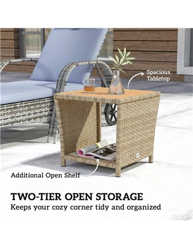 Outsunny Side Table 2-Tier Outdoor Coffee Table with Storage Shelf PS Wood Slat Top/Khaki
