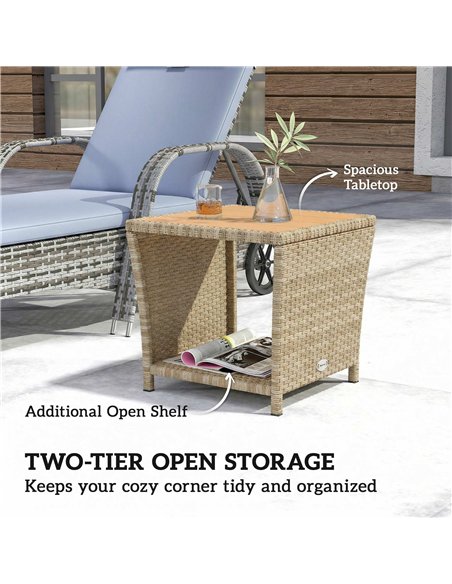 Outsunny Side Table 2-Tier Outdoor Coffee Table with Storage Shelf PS Wood Slat Top/Khaki - pic 199504 | FastDaddyshop