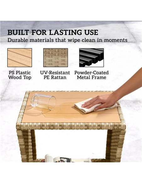 Outsunny Side Table 2-Tier Outdoor Coffee Table with Storage Shelf PS Wood Slat Top/Khaki - pic 199505 | FastDaddyshop