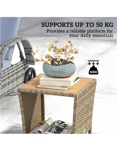 Outsunny Side Table 2-Tier Outdoor Coffee Table with Storage Shelf PS Wood Slat Top/Khaki