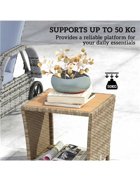 Outsunny Side Table 2-Tier Outdoor Coffee Table with Storage Shelf PS Wood Slat Top/Khaki - pic 199506 | FastDaddyshop