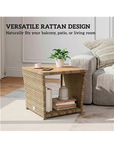 Outsunny Side Table 2-Tier Outdoor Coffee Table with Storage Shelf PS Wood Slat Top/Khaki