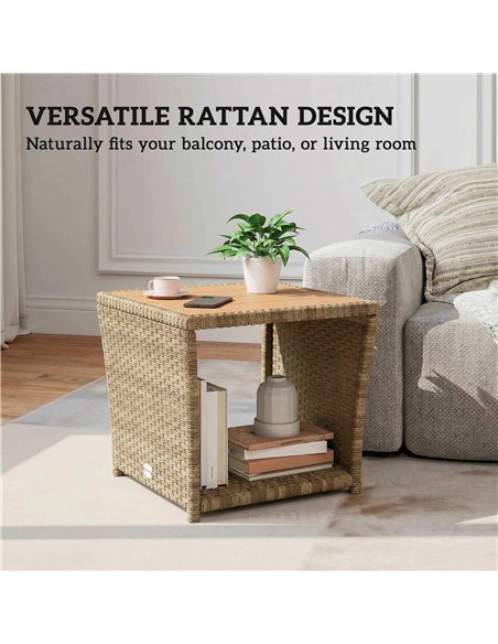 Outsunny Side Table 2-Tier Outdoor Coffee Table with Storage Shelf PS Wood Slat Top/Khaki - pic 199508 | FastDaddyshop