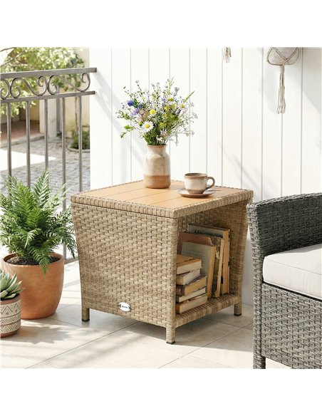 Outsunny Side Table 2-Tier Outdoor Coffee Table with Storage Shelf PS Wood Slat Top/Khaki - pic 199509 | FastDaddyshop