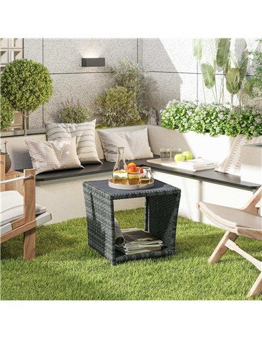 Outsunny Side Table 2-Tier Outdoor Coffee Table with Storage Shelf PS Wood Slat Top/Grey
