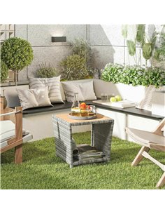 Outsunny Side Table 2-Tier Outdoor Coffee Table with Storage Shelf PS Wood Slat Top/Light Grey 2