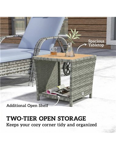 Outsunny Side Table 2-Tier Outdoor Coffee Table with Storage Shelf PS Wood Slat Top/Light Grey