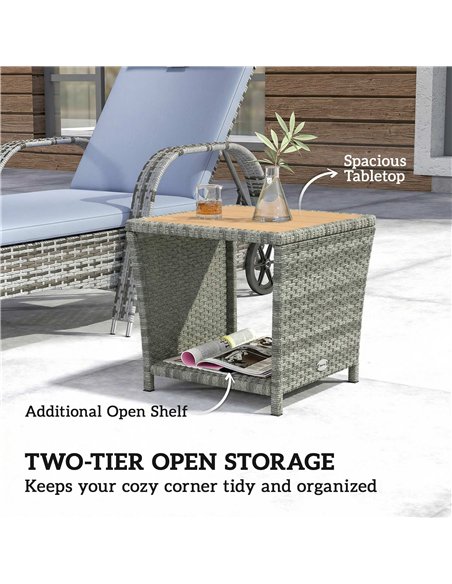 Outsunny Side Table 2-Tier Outdoor Coffee Table with Storage Shelf PS Wood Slat Top/Light Grey - pic 199522 | FastDaddyshop