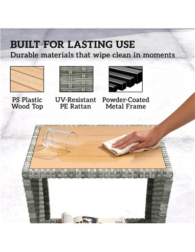 Outsunny Side Table 2-Tier Outdoor Coffee Table with Storage Shelf PS Wood Slat Top/Light Grey