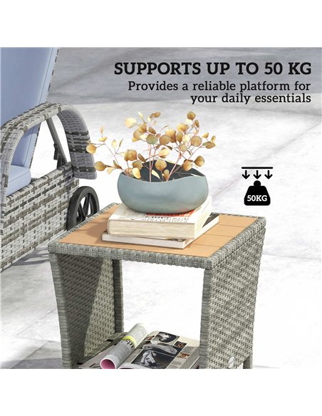 Outsunny Side Table 2-Tier Outdoor Coffee Table with Storage Shelf PS Wood Slat Top/Light Grey - pic 199524 | FastDaddyshop
