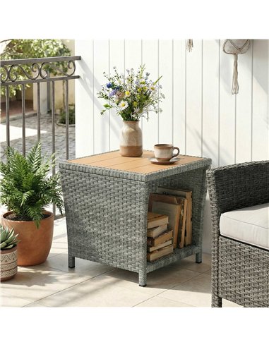 Outsunny Side Table 2-Tier Outdoor Coffee Table with Storage Shelf PS Wood Slat Top/Light Grey