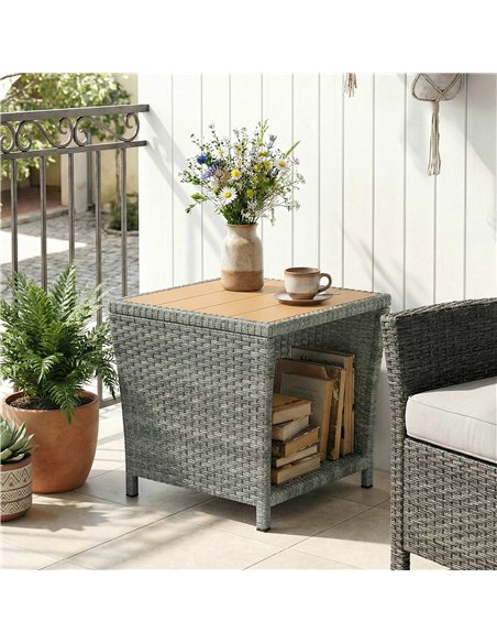 Outsunny Side Table 2-Tier Outdoor Coffee Table with Storage Shelf PS Wood Slat Top/Light Grey - pic 199527 | FastDaddyshop
