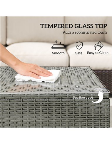 Outsunny Rattan Garden Coffee Table with Glass Top, Light Grey
