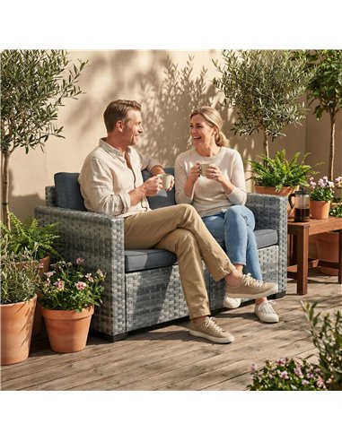 Outsunny 2 Seater Rattan Sofa, Outdoor Garden Sofa with Deep Seat, Cushions, Wide Armrests for Patio, Balcony, Porch, Mixed Grey
