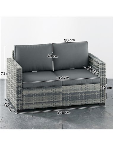 Outsunny 2 Seater Rattan Sofa, Outdoor Garden Sofa with Deep Seat, Cushions, Wide Armrests for Patio, Balcony, Porch, Mixed Grey