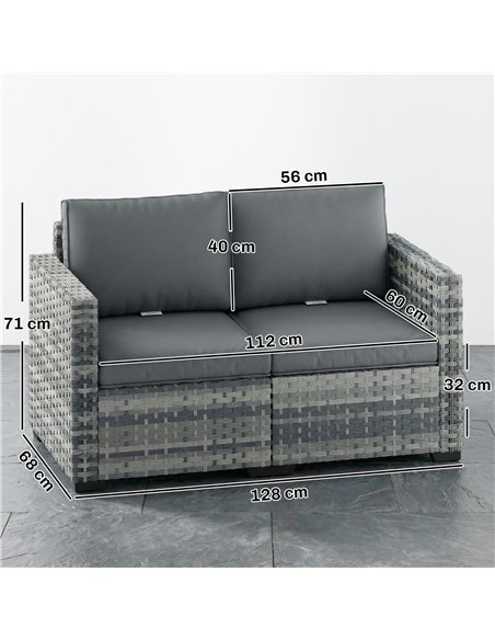 Outsunny 2 Seater Rattan Sofa, Outdoor Garden Sofa with Deep Seat, Cushions, Wide Armrests for Patio, Balcony, Porch, Mixed Grey - pic 199548 | FastDaddyshop