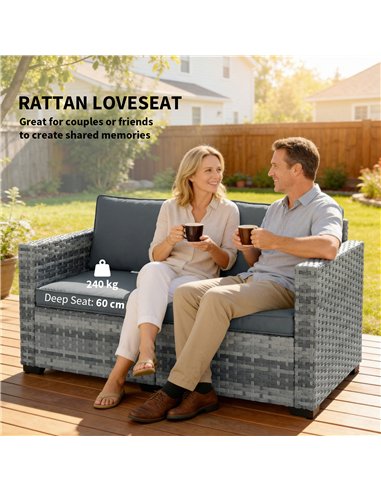 Outsunny 2 Seater Rattan Sofa, Outdoor Garden Sofa with Deep Seat, Cushions, Wide Armrests for Patio, Balcony, Porch, Mixed Grey