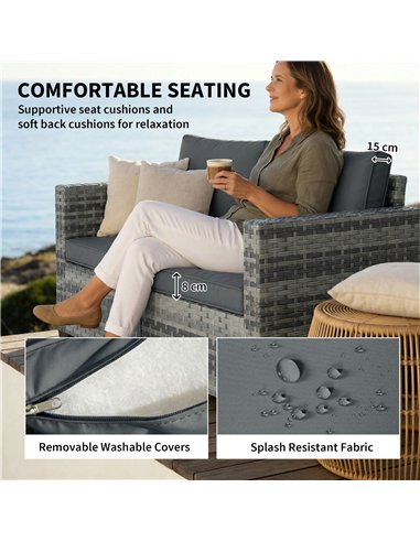 Outsunny 2 Seater Rattan Sofa, Outdoor Garden Sofa with Deep Seat, Cushions, Wide Armrests for Patio, Balcony, Porch, Mixed Grey