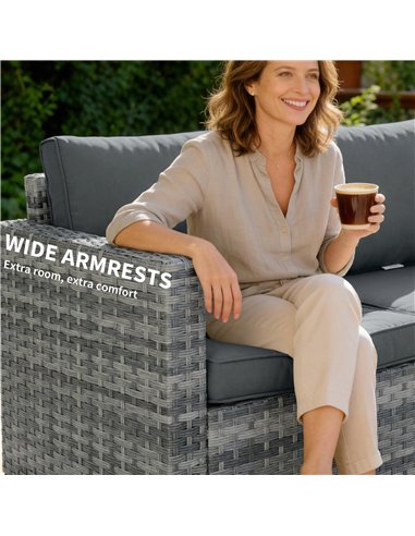Outsunny 2 Seater Rattan Sofa, Outdoor Garden Sofa with Deep Seat, Cushions, Wide Armrests for Patio, Balcony, Porch, Mixed Grey