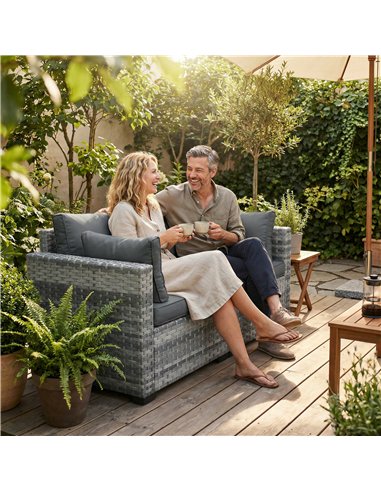 Outsunny 2 Seater Rattan Sofa, Outdoor Garden Sofa with Deep Seat, Cushions, Wide Armrests for Patio, Balcony, Porch, Mixed Grey