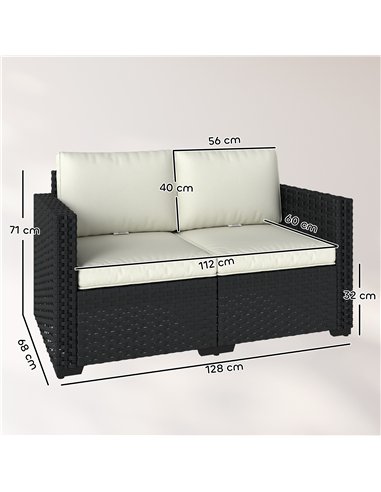 Outsunny 2 Seater Rattan Sofa, Outdoor Garden Sofa with Deep Seat, Cushions, Wide Armrests for Patio, Balcony, Porch, Black