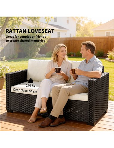 Outsunny 2 Seater Rattan Sofa, Outdoor Garden Sofa with Deep Seat, Cushions, Wide Armrests for Patio, Balcony, Porch, Black