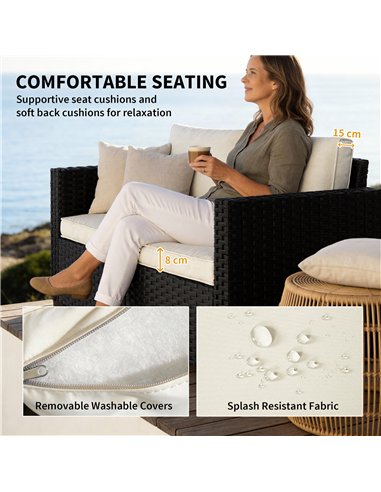 Outsunny 2 Seater Rattan Sofa, Outdoor Garden Sofa with Deep Seat, Cushions, Wide Armrests for Patio, Balcony, Porch, Black