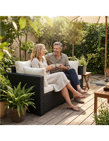 Outsunny 2 Seater Rattan Sofa, Outdoor Garden Sofa with Deep Seat, Cushions, Wide Armrests for Patio, Balcony, Porch, Black - pic 199563 | FastDaddyshop