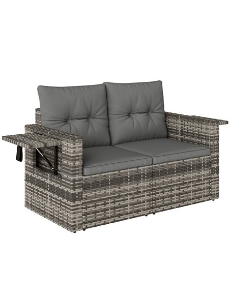 Outsunny 2 Seater Rattan Garden Sofa Outdoor Loveseat with Hidden Side Trays and Cushions for Patio Balcony, Dark Grey - pic 199564 | FastDaddyshop