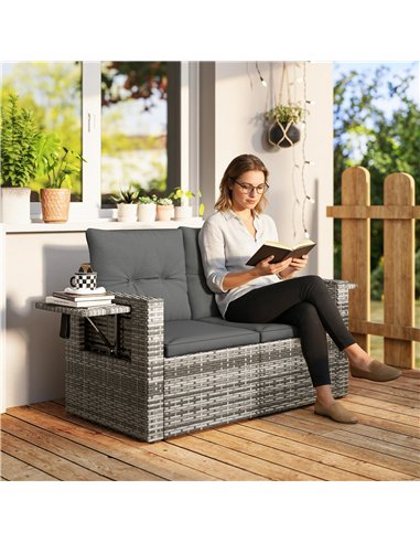 Outsunny 2 Seater Rattan Garden Sofa Outdoor Loveseat with Hidden Side Trays and Cushions for Patio Balcony, Dark Grey