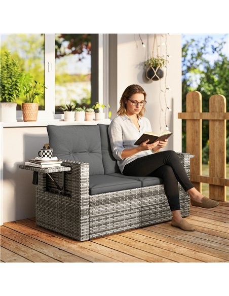 Outsunny 2 Seater Rattan Garden Sofa Outdoor Loveseat with Hidden Side Trays and Cushions for Patio Balcony, Dark Grey - pic 199565 | FastDaddyshop