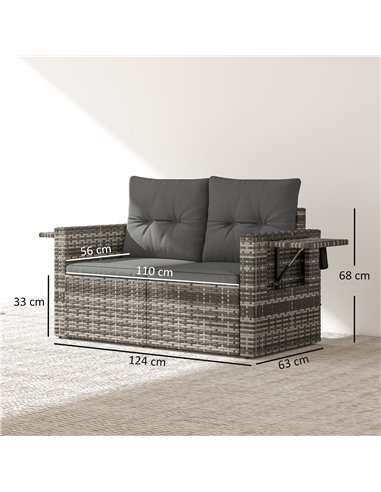 Outsunny 2 Seater Rattan Garden Sofa Outdoor Loveseat with Hidden Side Trays and Cushions for Patio Balcony, Dark Grey