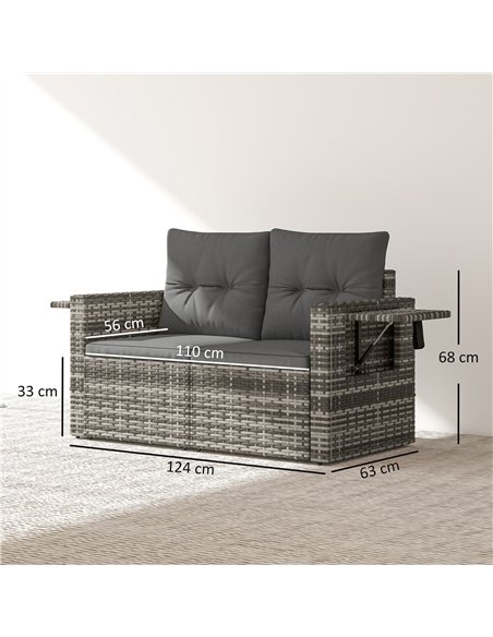 Outsunny 2 Seater Rattan Garden Sofa Outdoor Loveseat with Hidden Side Trays and Cushions for Patio Balcony, Dark Grey - pic 199566 | FastDaddyshop