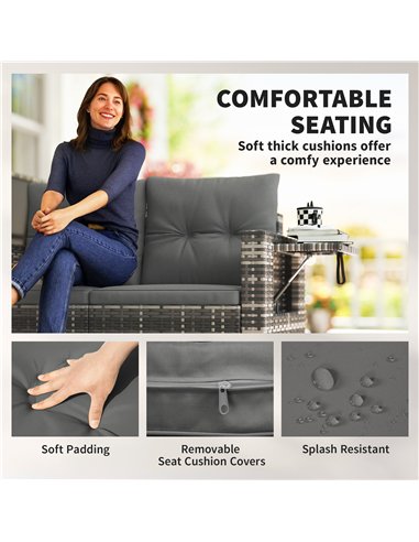 Outsunny 2 Seater Rattan Garden Sofa Outdoor Loveseat with Hidden Side Trays and Cushions for Patio Balcony, Dark Grey