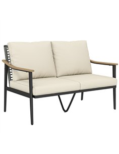 Outsunny 2 Seater Rattan Sofa, Outdoor Garden Sofa with Wood-Effect Armrests, Cushions for Patio, Balcony, Khaki