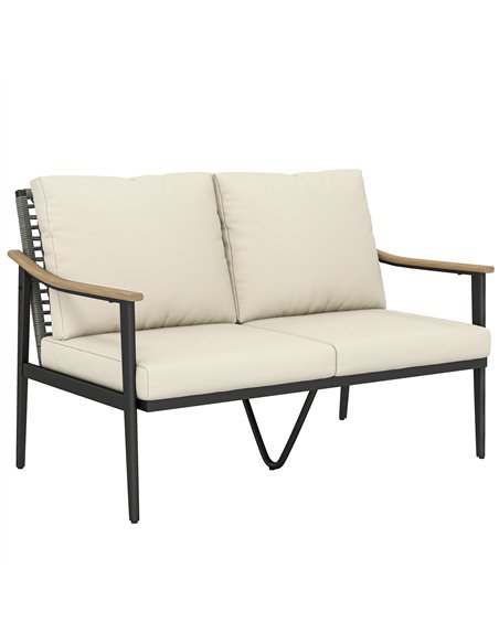 Outsunny 2 Seater Rattan Sofa, Outdoor Garden Sofa with Wood-Effect Armrests, Cushions for Patio, Balcony, Khaki - pic 199582 | FastDaddyshop