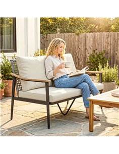 Outsunny 2 Seater Rattan Sofa, Outdoor Garden Sofa with Wood-Effect Armrests, Cushions for Patio, Balcony, Khaki 2