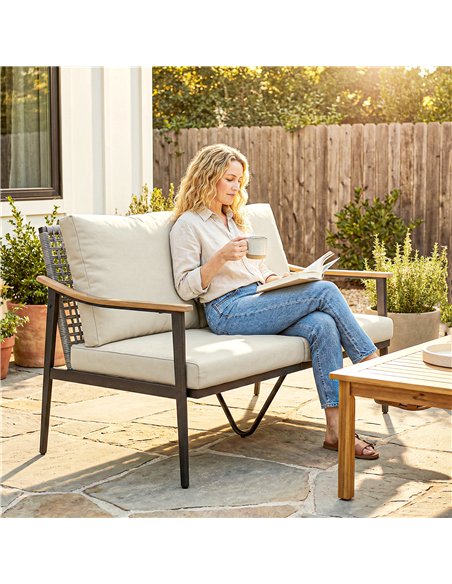 Outsunny 2 Seater Rattan Sofa, Outdoor Garden Sofa with Wood-Effect Armrests, Cushions for Patio, Balcony, Khaki - pic 199583 | FastDaddyshop