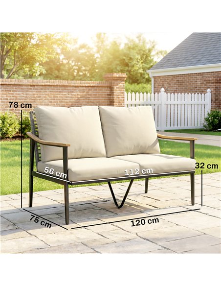 Outsunny 2 Seater Rattan Sofa, Outdoor Garden Sofa with Wood-Effect Armrests, Cushions for Patio, Balcony, Khaki - pic 199584 | FastDaddyshop