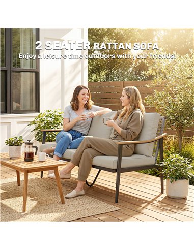Outsunny 2 Seater Rattan Sofa, Outdoor Garden Sofa with Wood-Effect Armrests, Cushions for Patio, Balcony, Khaki