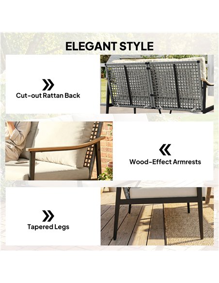 Outsunny 2 Seater Rattan Sofa, Outdoor Garden Sofa with Wood-Effect Armrests, Cushions for Patio, Balcony, Khaki - pic 199586 | FastDaddyshop
