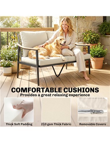 Outsunny 2 Seater Rattan Sofa, Outdoor Garden Sofa with Wood-Effect Armrests, Cushions for Patio, Balcony, Khaki
