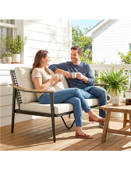 Outsunny 2 Seater Rattan Sofa, Outdoor Garden Sofa with Wood-Effect Armrests, Cushions for Patio, Balcony, Khaki - pic 199589 | FastDaddyshop