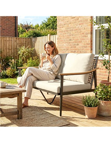 Outsunny 2 Seater Rattan Sofa, Outdoor Garden Sofa with Wood-Effect Armrests, Cushions for Patio, Balcony, Khaki