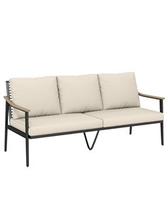 Outsunny 3 Seater Rattan Sofa, Outdoor Garden Sofa with Wood-Effect Armrests, Cushions for Patio, Balcony, Khaki