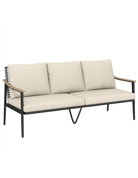 Outsunny 3 Seater Rattan Sofa, Outdoor Garden Sofa with Wood-Effect Armrests, Cushions for Patio, Balcony, Khaki - pic 199591 | FastDaddyshop