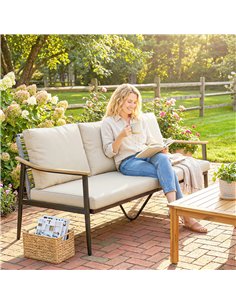 Outsunny 3 Seater Rattan Sofa, Outdoor Garden Sofa with Wood-Effect Armrests, Cushions for Patio, Balcony, Khaki 2